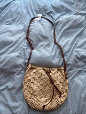 Nordstrom Beige Woven Crossbody with Brown Leather Strap